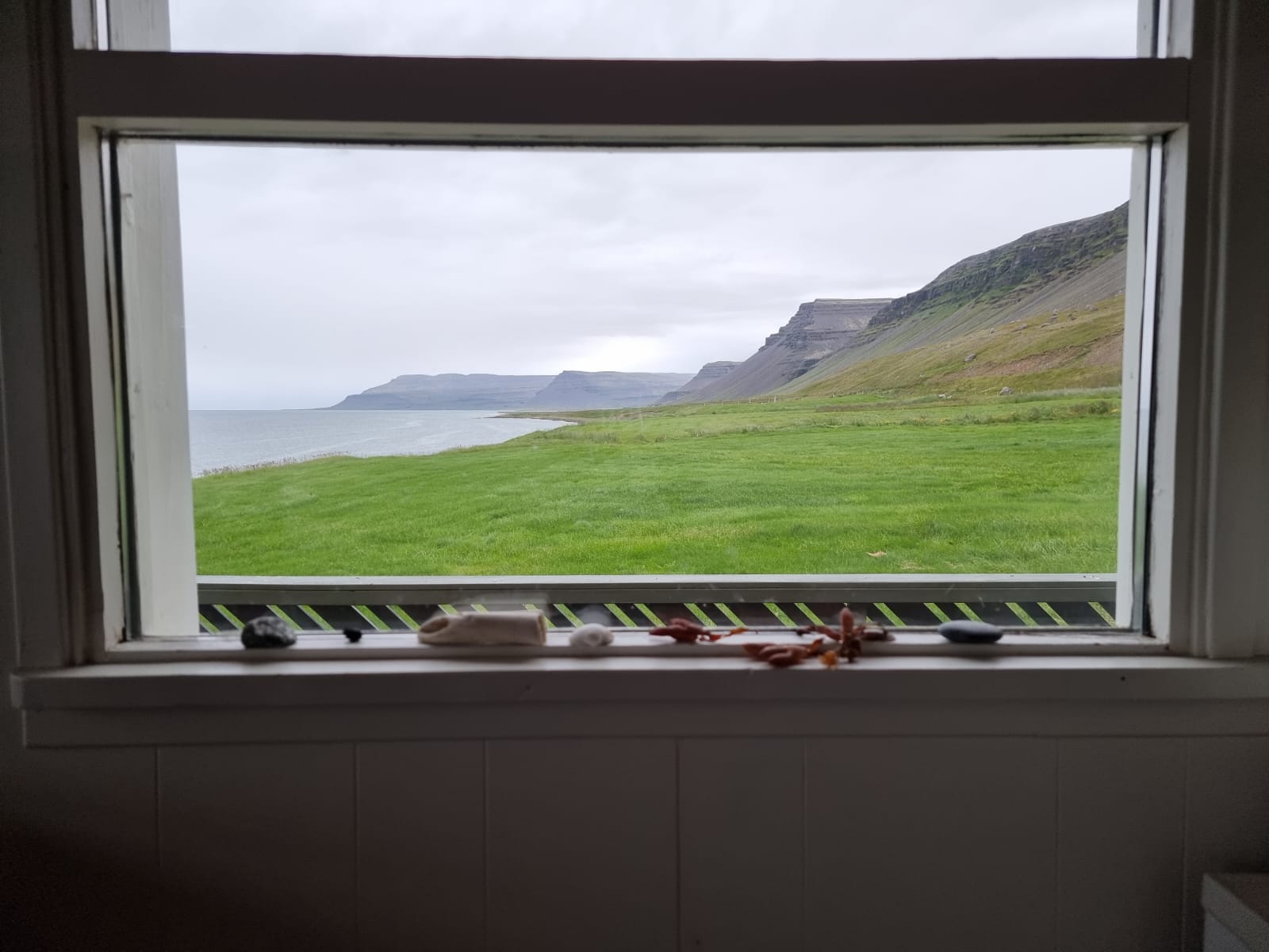 Skały nad wybrzeżem i zieloną trawą z okna domku na fiordzie Westfjords - Islandia blisko natura